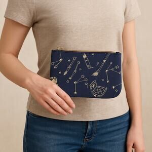 Starry Night Navy Cosmetic Bag Makeup Pouch with Gold Constellation Print 7x4
